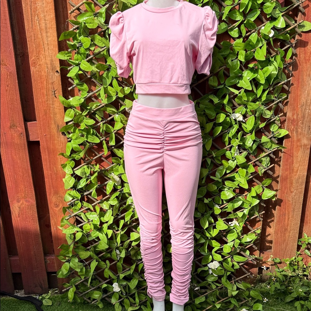 Pink Women's Ruched Pants & Puff Sleeve Top Set Size M
